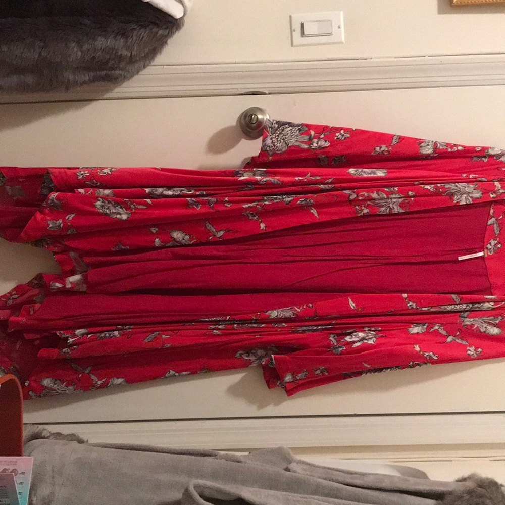 Free People Red Floral Kimono Jacket